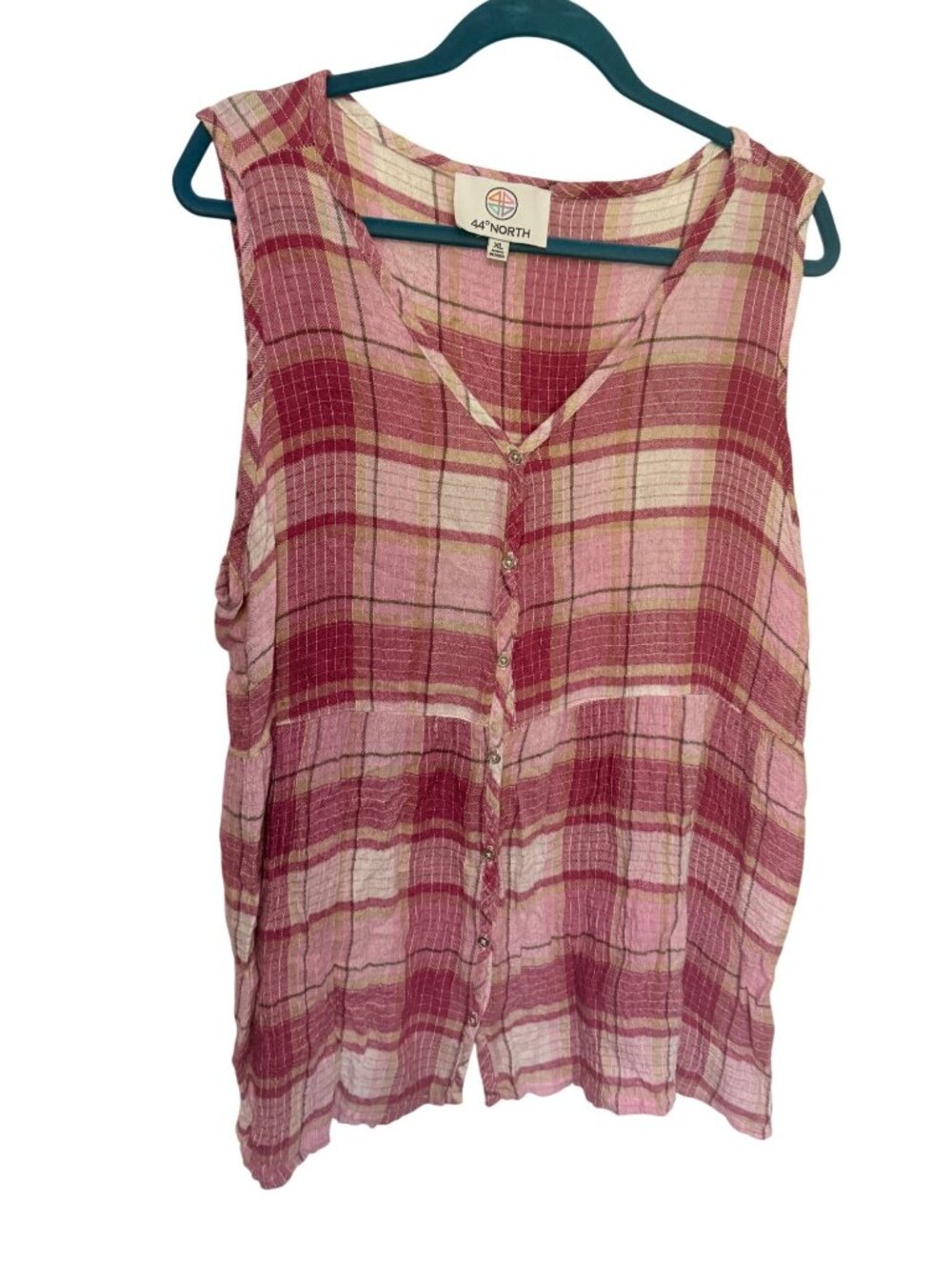 44 Degrees North Tank Top Pink Plaid Button Front Empire Waist SZ XL